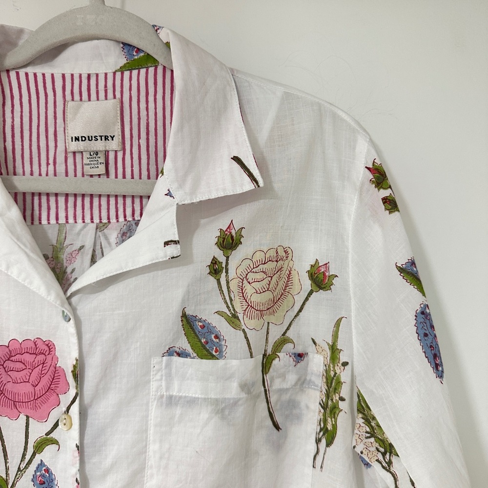Industry Floral Cotton Button Down Shirt Womens Large White Pink Rose LS